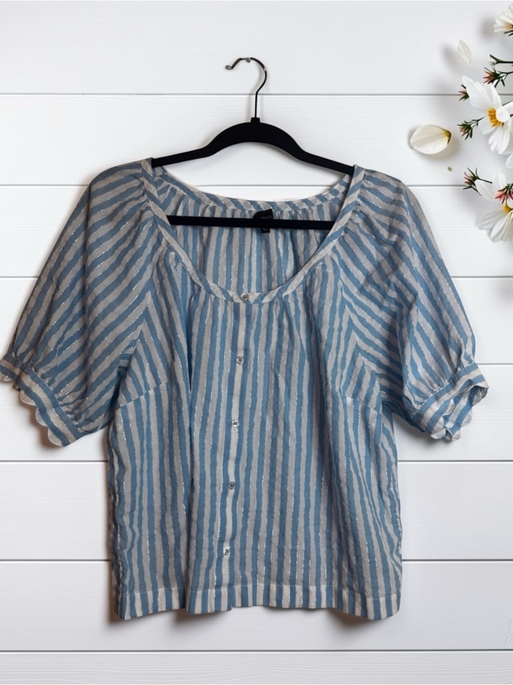 Light Blue and White Striped‎ Button-Front  Top coastal preppy